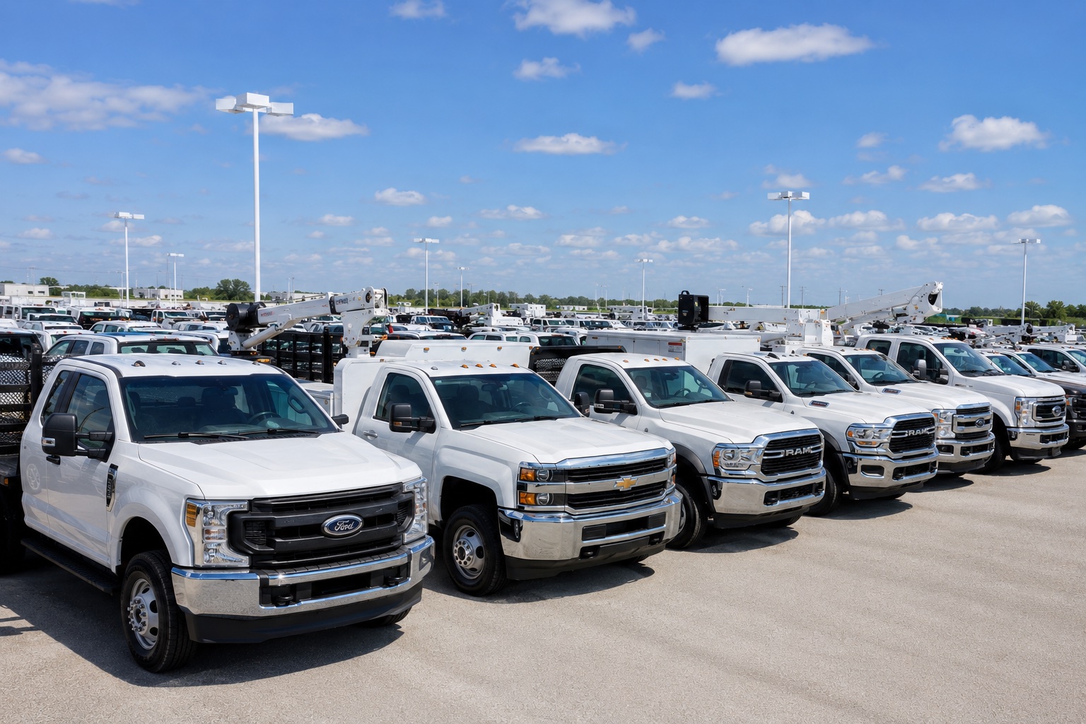 A lot full of white work trucks — Ford, Chevrolet, and Ram — ready to be sourced and rebuilt