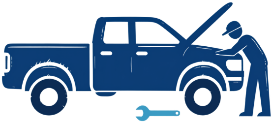 A mechanic working under the hood of a pickup